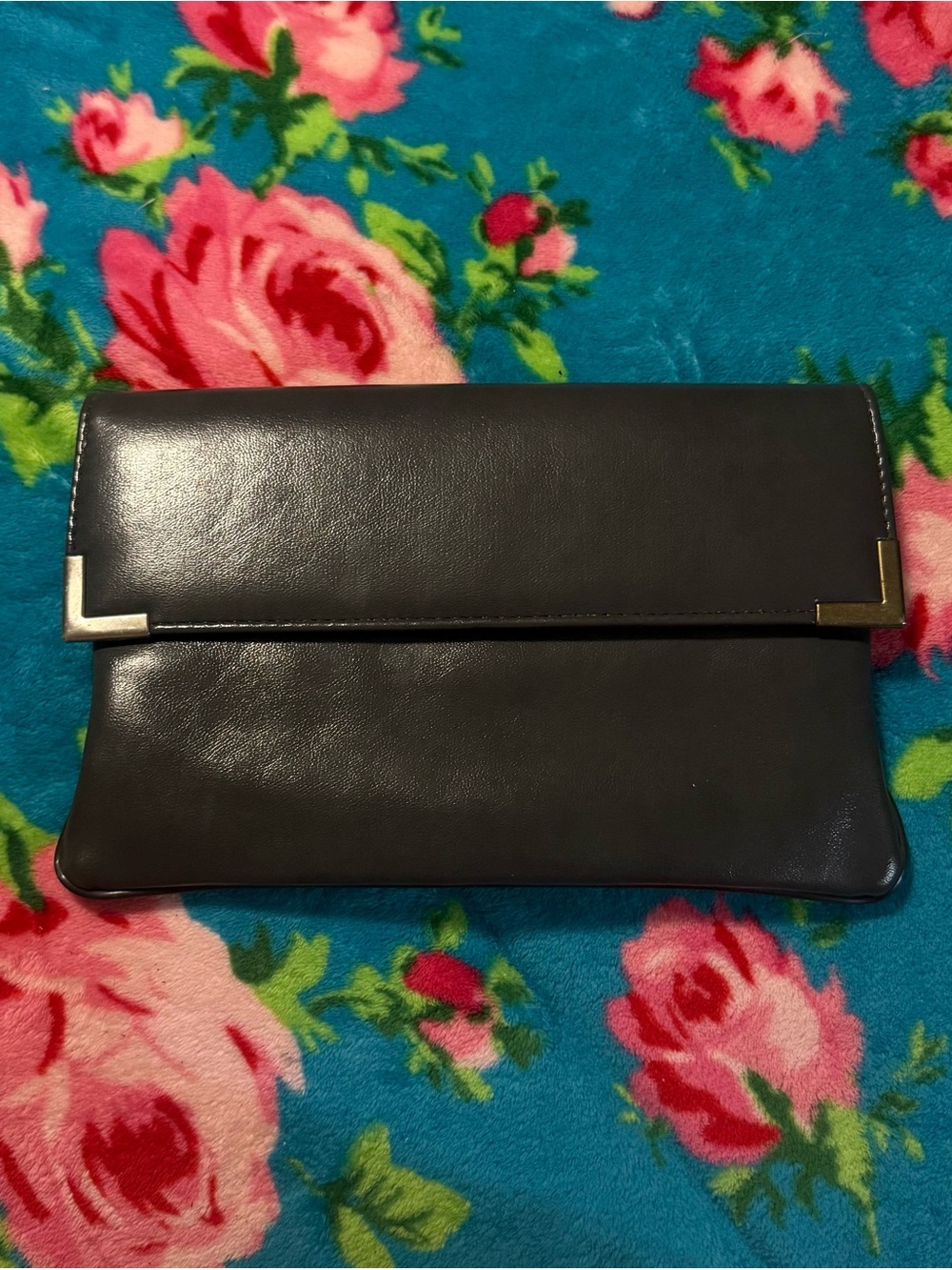 Classic Black Leather Fold-Over Clutch